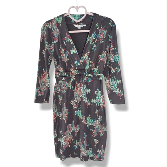 BODEN Jersey V Neck Dress in Cocoa with Bright Floral Design Size US 2 - Picture 2 of 6